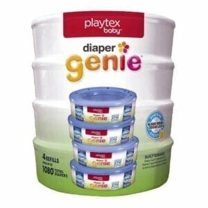 A stack of playtex baby diaper genie containers.