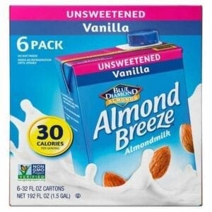 A carton of unsweetened vanilla almond breeze milk.