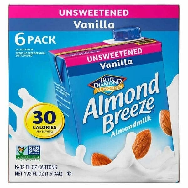 A carton of unsweetened vanilla almond breeze milk.