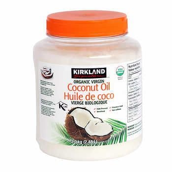 A large container of coconut oil is shown.