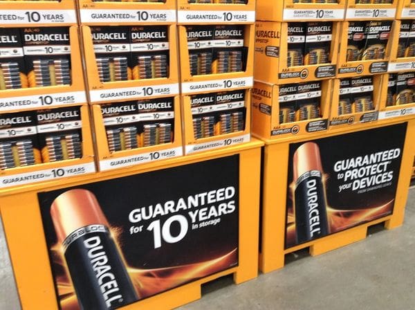 A display of batteries for sale in a store.