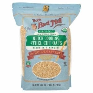 A bag of steel cut oats is shown.