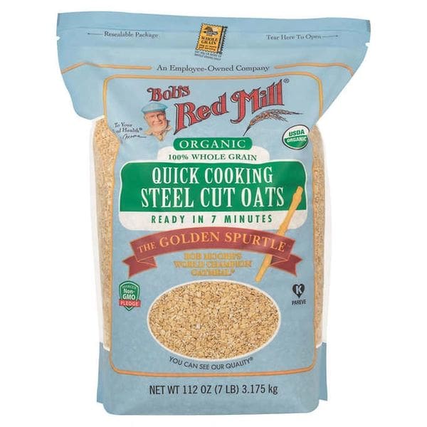 A bag of steel cut oats is shown.