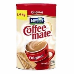 A can of coffee-mate is shown.