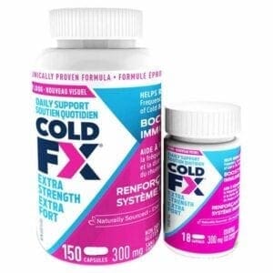 A bottle of cold fx next to a container.