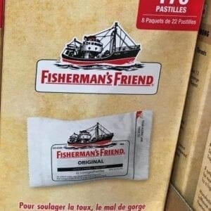 A box of fisherman 's friend with the package on it.