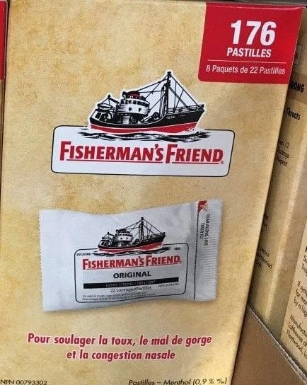A box of fisherman 's friend with the package on it.