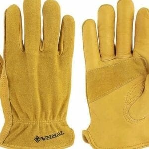 A pair of yellow gloves with the words, " vibram."