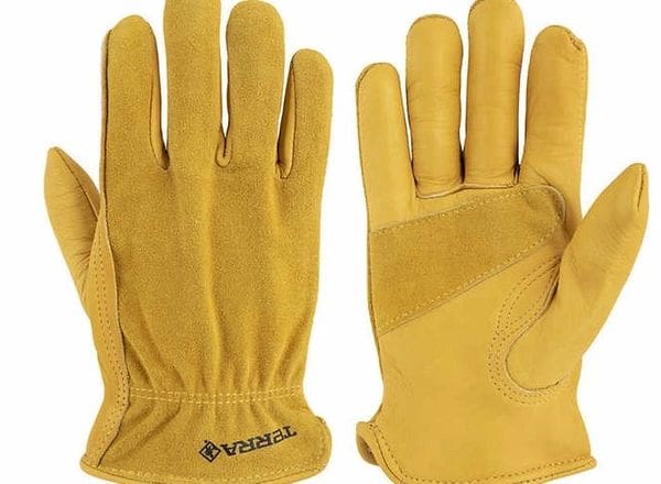 A pair of yellow gloves with the words, " vibram."
