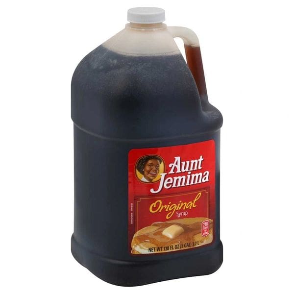 A gallon of aunt jemima syrup is shown.