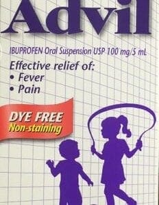 A bottle of ibuprofen is shown with children.
