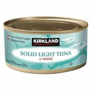 A can of tuna is shown with the caption " solid light tuna in water ".
