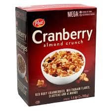 A box of cereal with cranberry and almond crunch.