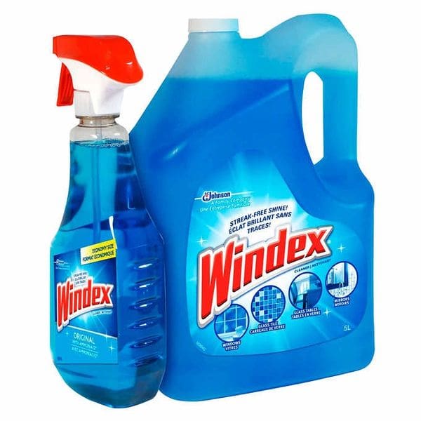 A bottle of windex and a spray can.