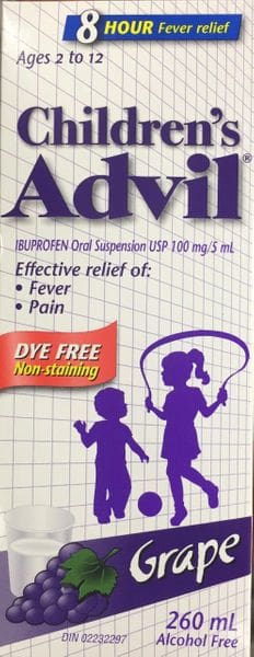 A bottle of ibuprofen is shown with children.