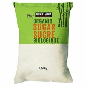 A bag of sugar is shown with the word kirkland on it.