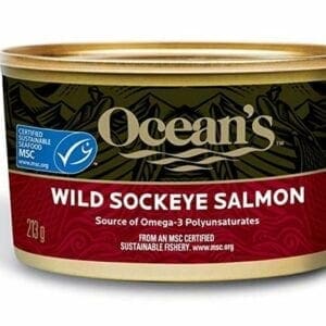 A can of wild sockeye salmon is shown.