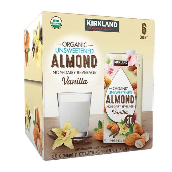 A box of almond milk with vanilla flavor.