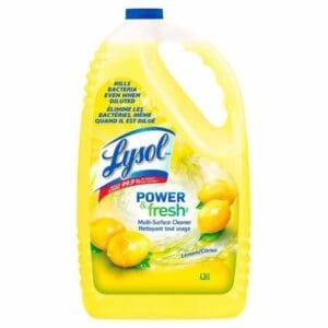 A bottle of lysol power fresh lemon scent cleaner.