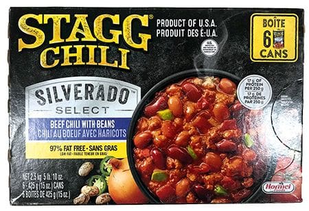 A box of chili is shown with beans.