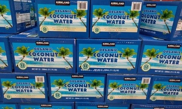 A stack of coconut water boxes on top of each other.