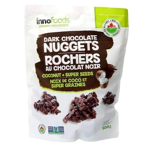 A bag of dark chocolate nuggets is shown.