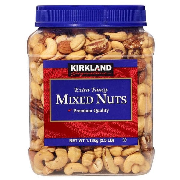 A blue container of mixed nuts is shown.