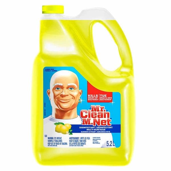 A yellow bottle of cleaning product with a man 's head on it.