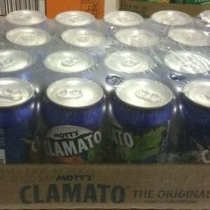 A box of clamato is shown with the cans in it.