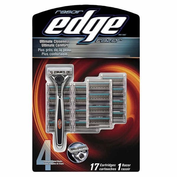 A package of razor blades with the edge logo on it.