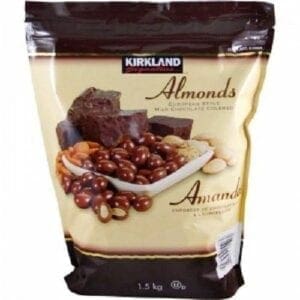 A bag of kirkland almonds with chocolate and nuts.