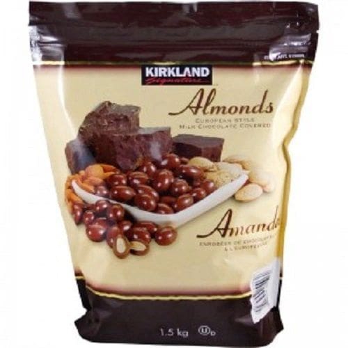 A bag of kirkland almonds with chocolate and nuts.