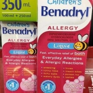 A bottle of children 's benadryl is shown next to another.