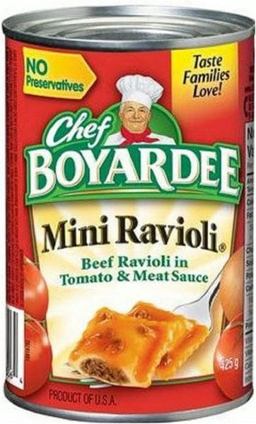 A package of chef boyardee mini ravioli in tomato and meat sauce.
