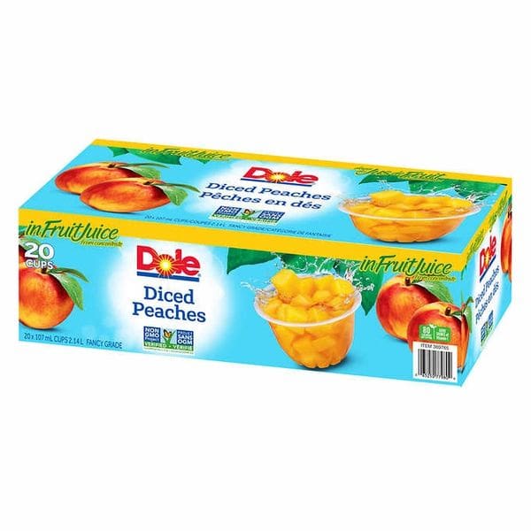 Dole fruit cups, diced peaches in a plastic container.