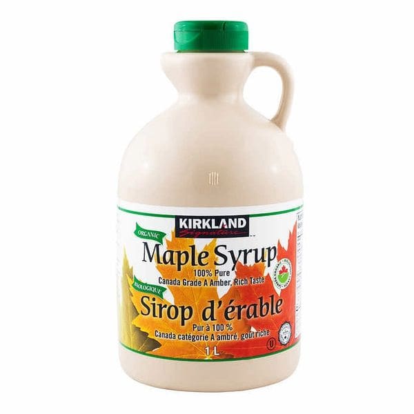 A bottle of maple syrup is shown.