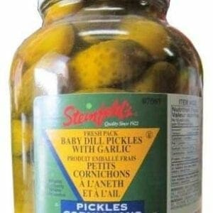 A jar of pickles is shown with the label.