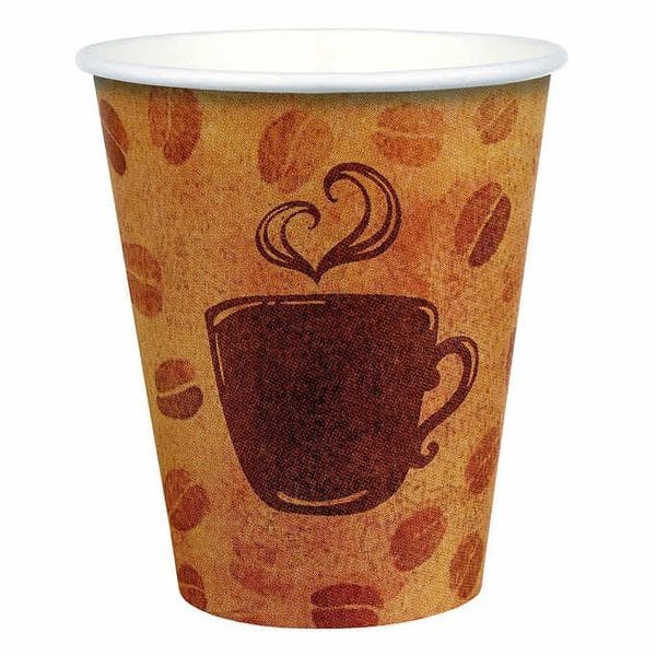A coffee cup with the image of a steaming cup.