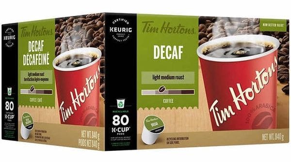 A box of tim hortons decaf coffee.