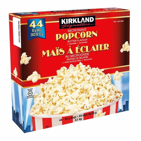 A box of popcorn is shown in french.