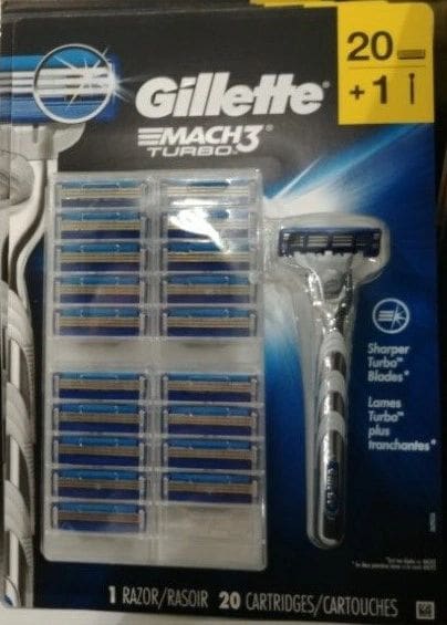 A package of gillette mach 3 turbo razor blades.