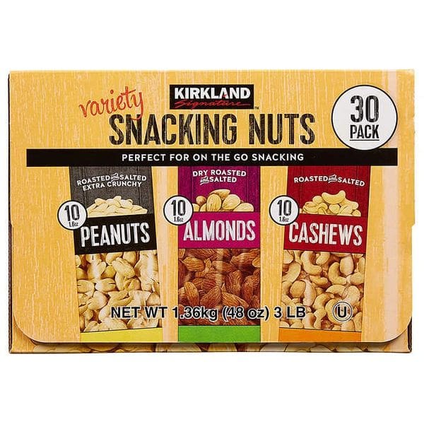 A package of three different kinds of nuts.