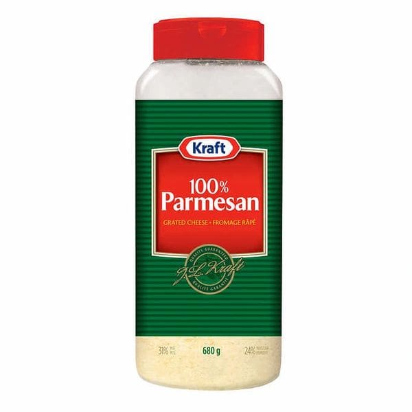 A jar of parmesan cheese is shown.