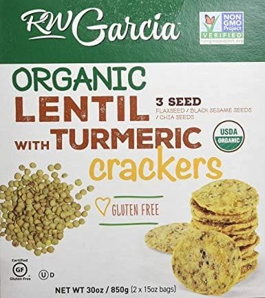 A box of organic lentil crackers with turmeric.