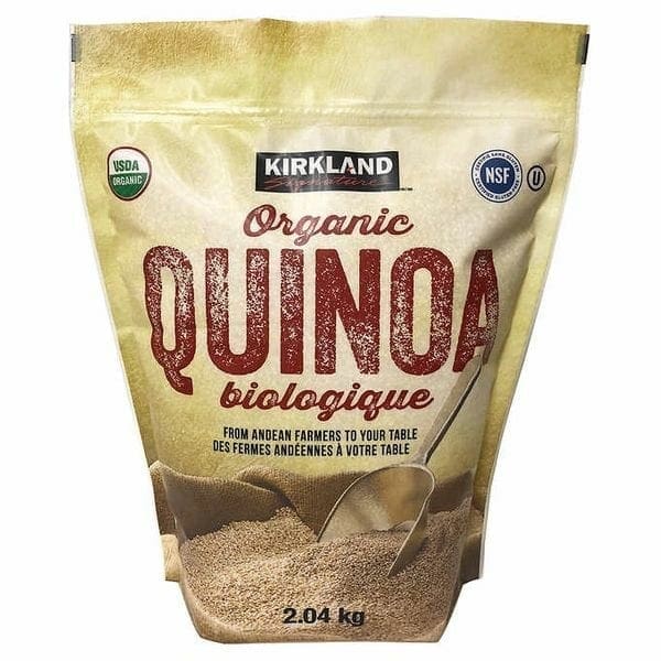 A bag of quinoa is shown in front of a white background.