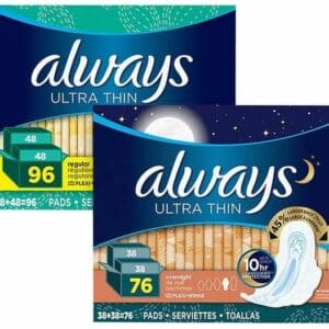 Two packages of always pads are shown.