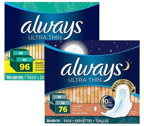 Two packages of always pads are shown.
