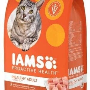 A bag of cat food with an orange label
