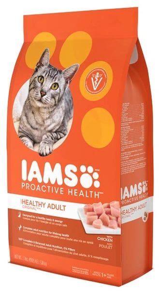 A bag of cat food with an orange label