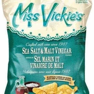 A bag of miss vickie 's sea salt and malt vinegar potato chips.